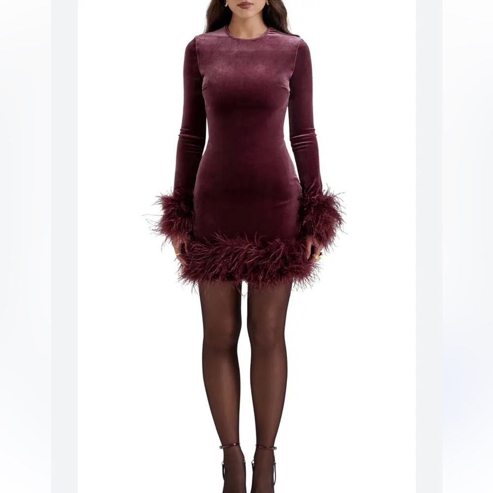 House Of CB Lavinia Feather Trim Long Sleeve Velvet Body-Con Cocktail Minidress